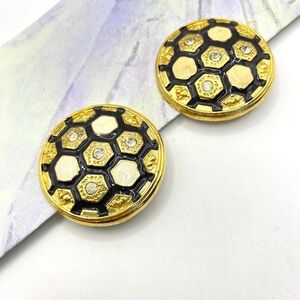 Vintage Clip On Earrings Enamel Large Gold Tone Black & Cream
